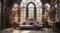 An opulent Victorian-style room filled with large blossoming pink flowers, elegant furnishings, and grand windows.