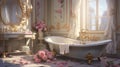 Opulent white and gold bathtub in elegant bathroom, pink roses in decorations, quiet luxury concept