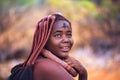 Beautiful and young himba tribe woman wearing traditional hairstyle and necklace