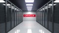 Oracle Corporation logo on the wall of the server room. Editorial 3D rendering