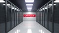 Oracle Corporation logo on the wall of the server room. Editorial 3D rendering