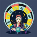 The oracle girl predicts the future on a magic ball vector illus Royalty Free Stock Photo