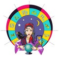 The oracle girl predicts the future on a magic ball vector illus Royalty Free Stock Photo