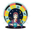 The oracle girl predicts the future on a magic ball vector illus Royalty Free Stock Photo