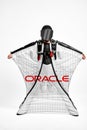 Oracle. Men in wing suit equipment.Demonstration of popular brands. Simulator of free fall.