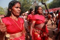 Oracles wearing red dress dance in trance Royalty Free Stock Photo