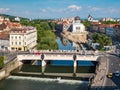 Oradea city center. Bridge over Crisul Repede river and Sion Syn Royalty Free Stock Photo