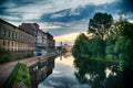 Oradea City Town Hall on Crisul Repede River, Romanian, golden hour.