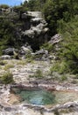 Orakei Korako hidden geothermal valley - Emerald terrace: Close up of colorful rainbow sinter terrace Royalty Free Stock Photo