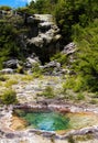 Close up of colorful rainbow sinter terrace covered with yellow and white microbial mats and steaming hot pools