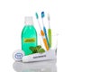 Oral care essential products tapered toothbrush, toothpaste, mouthwash, dental floss