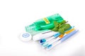 Oral care essential products tapered toothbrush, toothpaste, mouthwash, dental floss