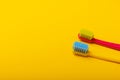 Oral care. Set of toothbrushes,toothpaste and brush on pink background. Royalty Free Stock Photo