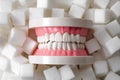 Oral health, tooth decay and sugar destroys the tooth enamel concept with plastic medical model of teeth or dentures surrounded by