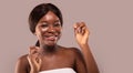 Oral Hygiene. Attractive African Woman Using Dental Floss And Smiling At Camera Royalty Free Stock Photo