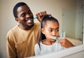Oral hygiene, brushing teeth and father with daughter in a bathroom for learning and morning grooming. Dental care