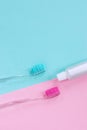 Oral hygiene care for him and her, vertical pink and blue layout with place for brand or text Royalty Free Stock Photo