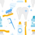 Oral hygiene and dental care. Tooth, toothpaste, toothbrush, mouthwash. Seamless pattern