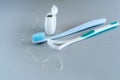 Oral hygiene health concept. Closeup dental tools toothbrush and tongue cleaner