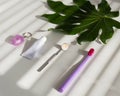 Oral hygiene products and a green leaf on a white table. Toothbrush dental floss dental mirror and dental paste. Royalty Free Stock Photo