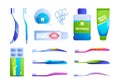 Oral hygiene products. Mouth cleaning tools, cartoon toothbrush toothpaste floss mouthwash icons, dental care treatment Royalty Free Stock Photo