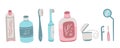 Oral hygiene set, dental care symbols: tooth brush, tooth paste, dental floss. Vector Illustration for backgrounds, covers,