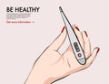 Oral Thermometer tempereture measuring healthcare equipment. Electronic fever measurment, medical kit in hand. Beauty, healthcare