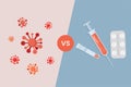 Oral vaccine and syringe against Coronavirus vector flat illustration. Tablets in blister pack, syringe against Covid-19