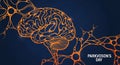 Orange abstract brain outline with neural network on dark blue background neurons Royalty Free Stock Photo