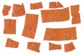 Orange adhesive plastic tape pieces on white background. Orange isolation scotch tape. Masking paper tape torn and