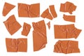 Orange adhesive plastic tape pieces on white background. Orange isolation scotch tape. Masking paper tape torn and