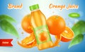 Orange ads. Placard vitamins juice bottle with splashes fruits spray vector advertizing graphic Royalty Free Stock Photo