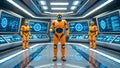 Orange AI Robot Command Team in Futuristic Control Hub Royalty Free Stock Photo