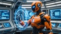 Orange AI Robot Commanding Holographic Interface in High-Tech Control Room Royalty Free Stock Photo