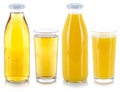 Orange and apple juice drink drinks in a bottle and glass isolated on white Royalty Free Stock Photo