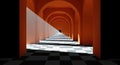 Orange arched corridor with chessboard floor and light rays perspective Royalty Free Stock Photo