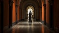 Gothic Intensity: An Ominous Orange Hallway With A Lurking Figure