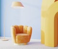 Orange armchair and floor lamp wih yellow arch and blue wall, room interior, 3d rendering