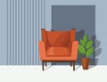 Orange armchair with home plant against gray wall. Home interior