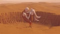 Orange Astronaut and a Giant Futuristic Sci Fi Ballerina Space woman Floating in the Fatal Foetal Position Desert Crater Sand Dune