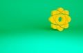 Orange Atom icon isolated on green background. Symbol of science, education, nuclear physics, scientific research