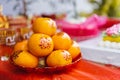 Orange with auspicious Chinese characters meaning double happiness. Auspicious fruit for Chinese wedding ceremonies