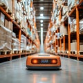 Autonomous Warehouse Robot Navigating Aisles of Goods This image shows a selfdriving robot used in modern warehouse logistics