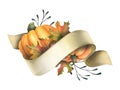 Orange autumn pumpkins with maple leaves, twigs and paper roll blank template for text. Watercolor illustration, hand