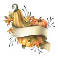 Orange autumn pumpkins with maple leaves, twigs and paper roll blank template for text. Watercolor illustration, hand