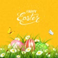 Orange background with butterflies and Easter eggs in grass