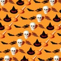 Orange background with collection of Halloween objects, Halloween pattern