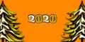 2020 orange background with fluffy numbers and christmas trees. New Year, Christmas, winter theme. Picture for the design of post