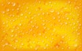 Orange background, rectangular surface. Transparent droplets orange of liquid lie on on motley backdrop. Clean water drops. Vector