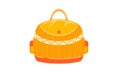 Orange backpack with decorative zigzag pattern and button detail on white background. Simplified school or travel bag